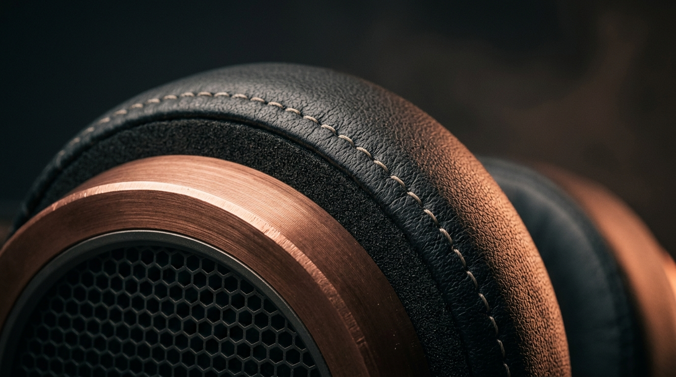 Macro detail of the earcup, brushed copper ring and stitched lambskin